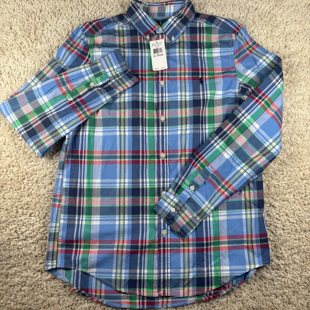 NWT Ralph Lauren Kids Button Down Shirt XL 18-20 Blue Plaid Long Sleeve Preppy